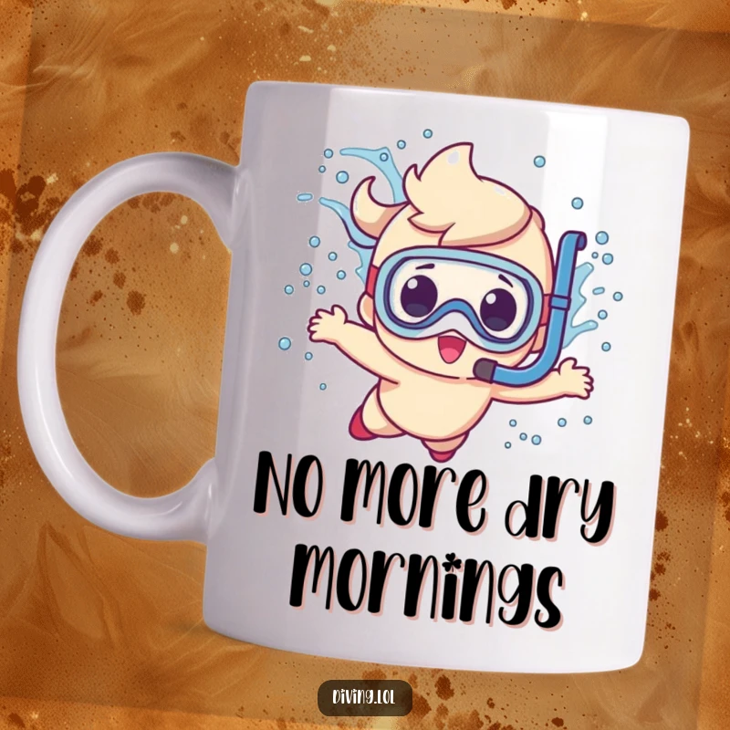 Funny cute character mug, making a big splash while diving with a snorkel, a humorous gift for ocean lovers.