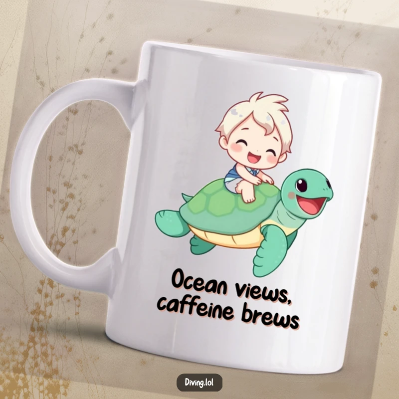 Funny Mug: Character gleefully rides a happy sea turtle, symbolizing a relaxed and cheerful journey, perfect for gifting.