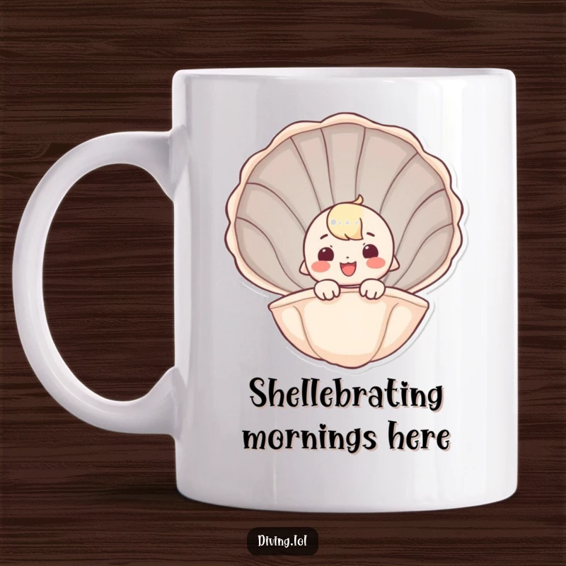 Funny mug featuring a cute character peeking out of a giant seashell with a wide, happy smile, bringing seaside charm.