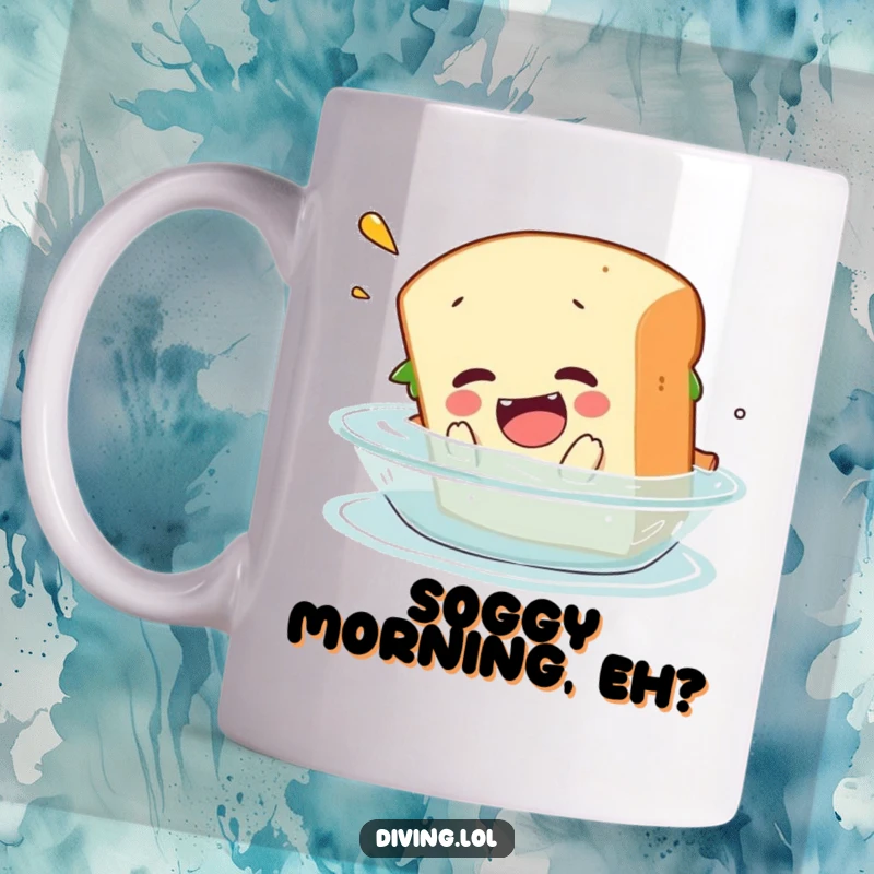 Funny mug depicting a clumsy sandwich character executing a comical belly flop into water, capturing a moment of hilarious failure.