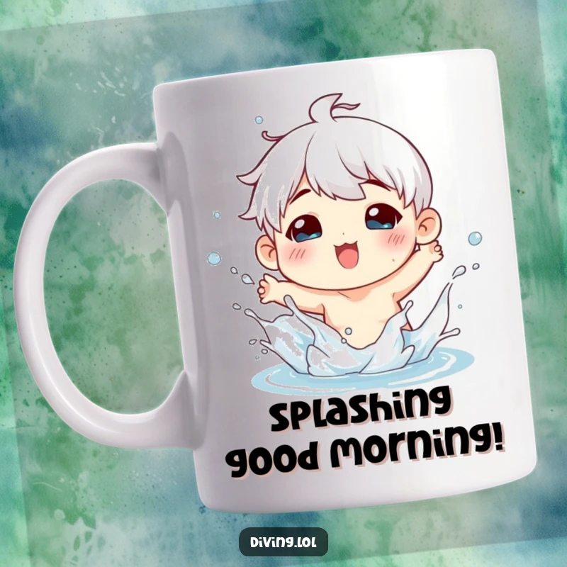 Funny mug featuring a charming figure playfully splashing water with a wide, mischievous grin, embodying pure, unadulterated fun.