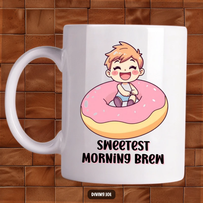 Funny mug featuring a joyful character with a huge grin, gleefully riding a giant inflatable donut, embodying pure, sweet fun.