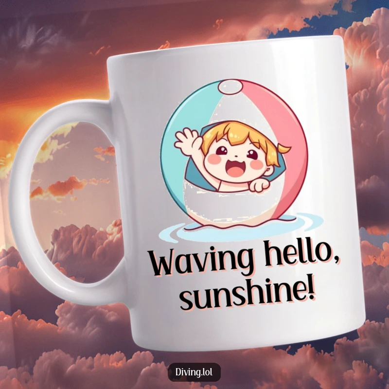 Funny character on a bobbing beach ball, waving enthusiastically, radiating pure delight and vacation cheer, a perfect summer gift.