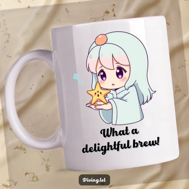 Funny Surprised Starfish Mug: A character looks surprised at a tiny, happy starfish resting on their hand.
