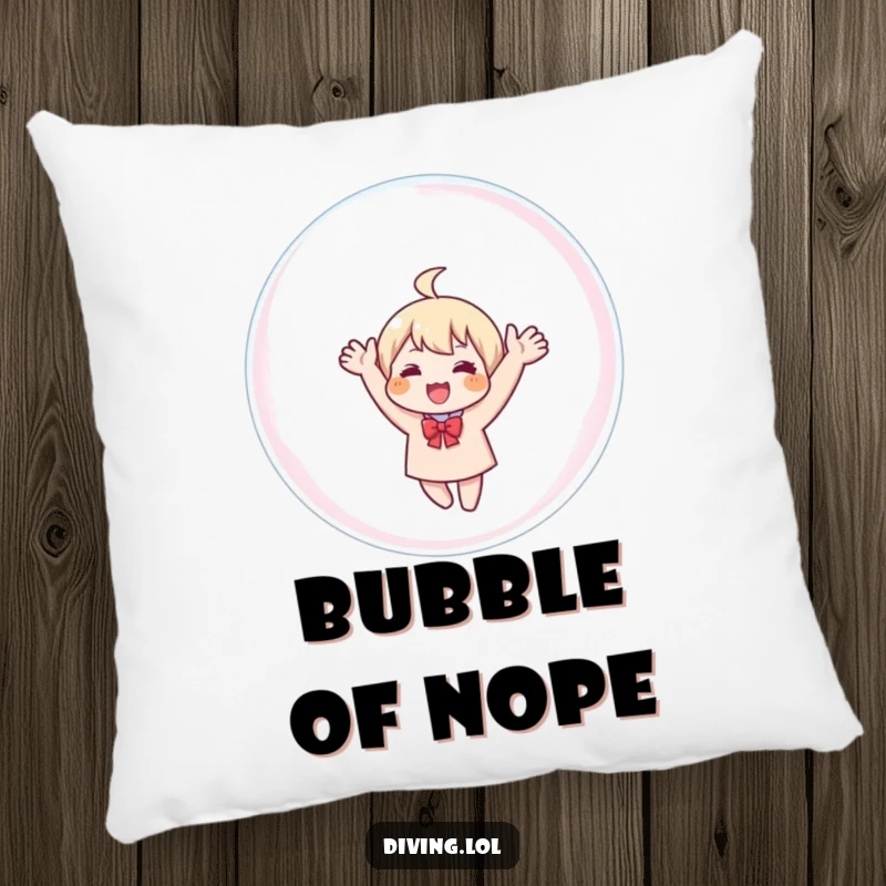 Funny pillow with a cute character waving from inside a giant bubble, offering a soft touch of humor.
