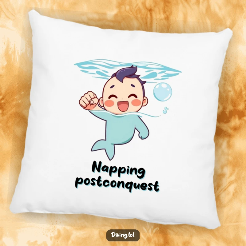 Funny pillow depicting a character surfacing with a fist pump and a happy bubble, embodying a successful moment.