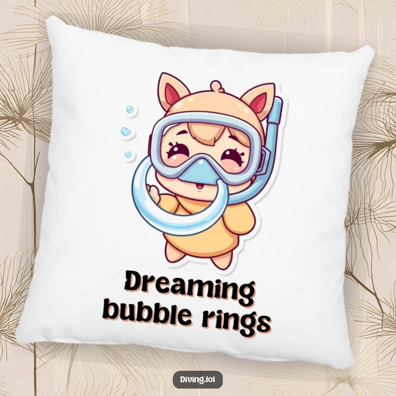 Funny snorkel mask pillow showcasing a character happily blowing a perfect bubble ring, adding a soft and humorous element to any seating area.
