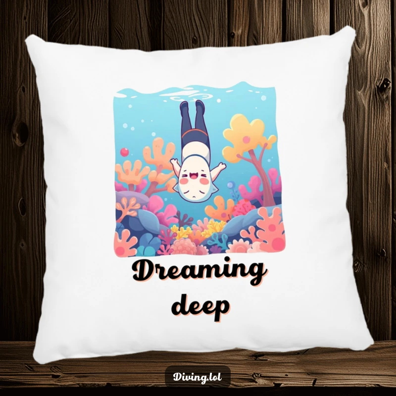 Funny underwater pillow, showing a character giggling upside down amongst colorful coral, perfect for sofas.
