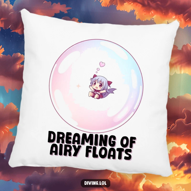 Funny small character pillow, depicted joyfully riding a giant bubble underwater, a humorous and cozy home accent.