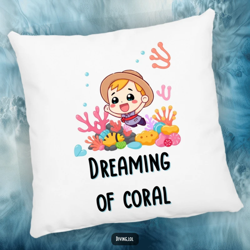 Funny Pillow with an enthusiastic diver marveling at a colorful coral reef, bringing ocean vibes to any cozy space.