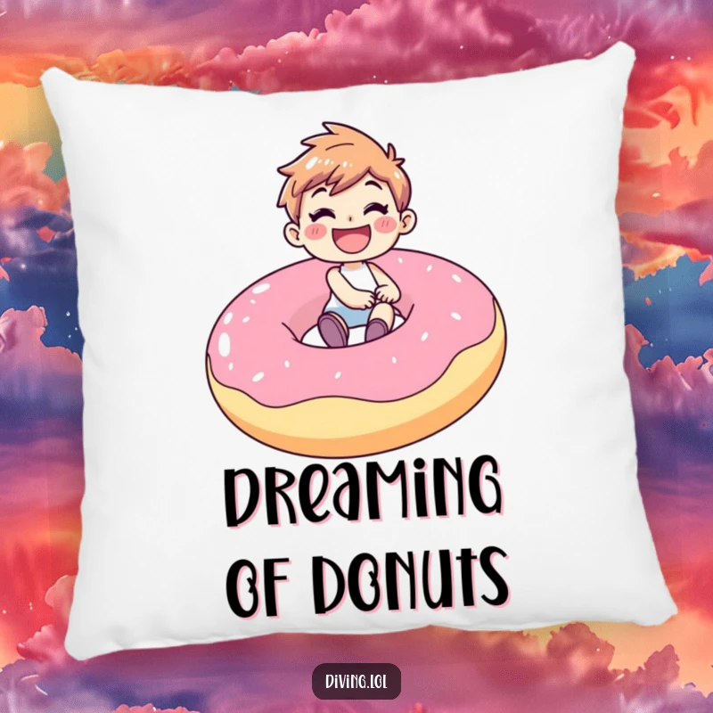 Funny pillow featuring a happy character with a gleeful grin, riding a giant inflatable donut, promising comfort and whimsical joy.
