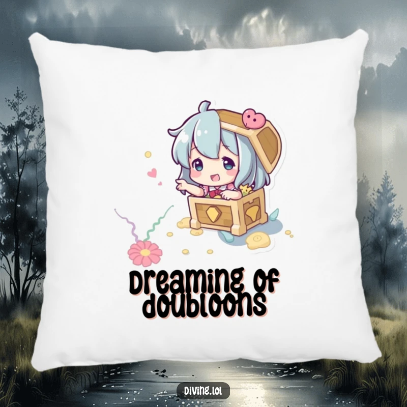 Funny Treasure Hunter Pillow: A character playfully gesturing to an imagined treasure chest on the seabed.