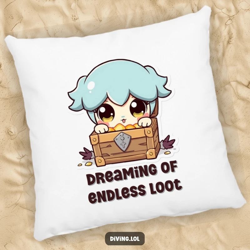 Funny pillow showcasing a character with wide, bright eyes discovering a treasure chest, embodying surprise and pure delight.
