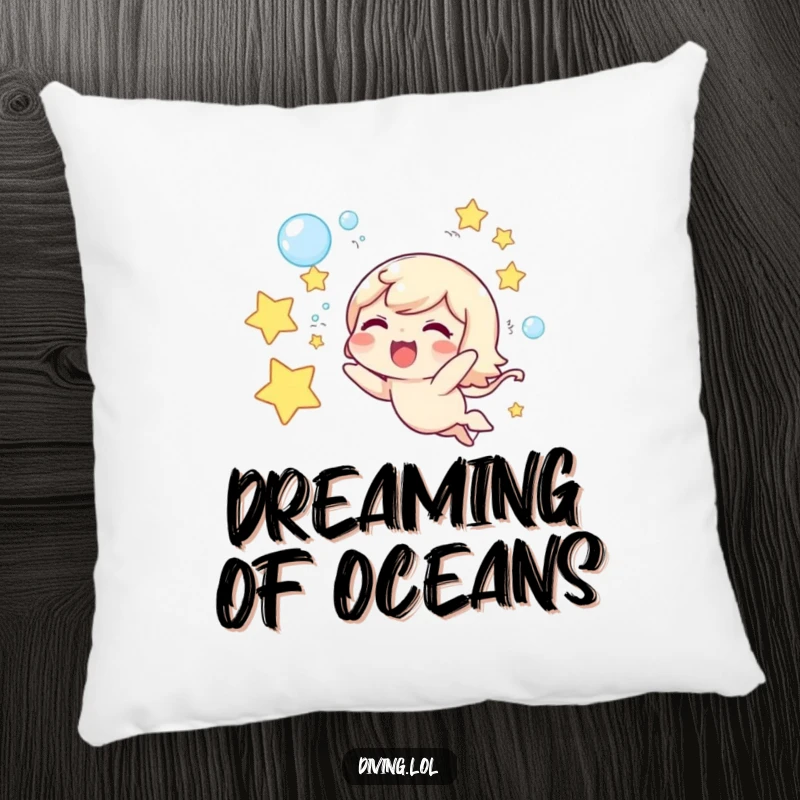 Funny pillow featuring a cute character joyfully blowing underwater star-shaped bubbles, perfect for cozying up.