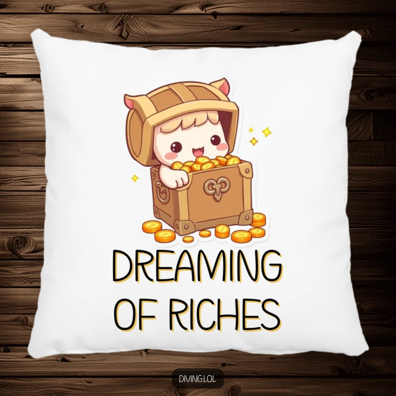 Funny Pillow: Cute character holding a treasure chest filled with sparkling coins, designed for comfort and delivering a dose of humorous wealth.