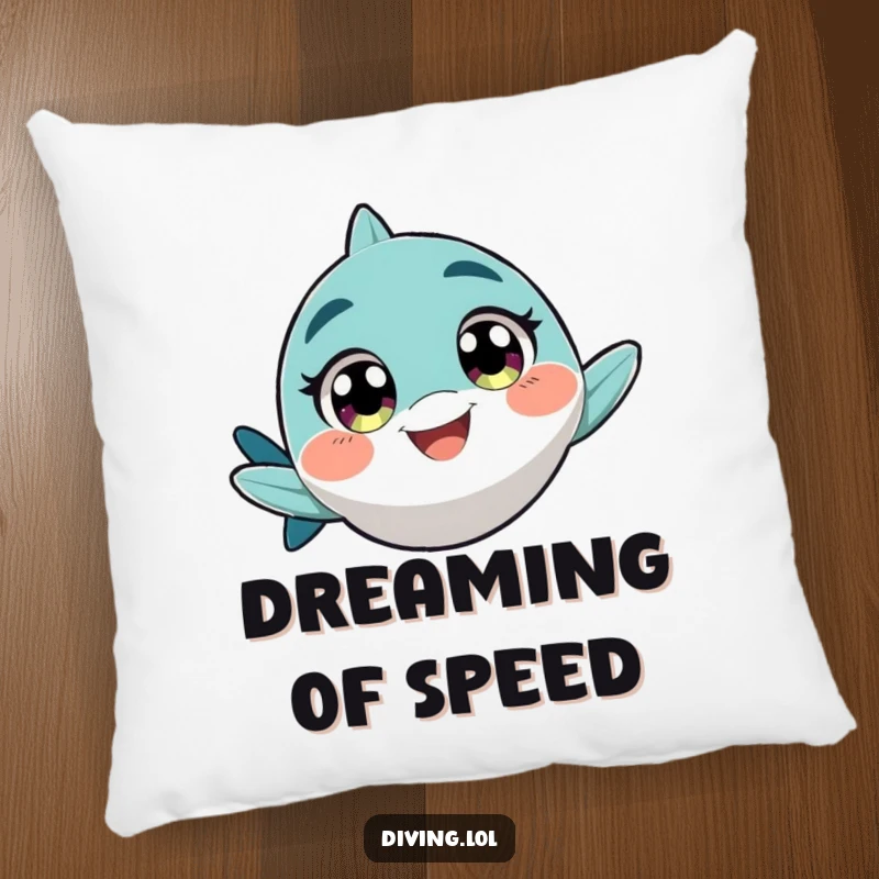 Funny pillow featuring a character with wide, excited eyes, swimming rapidly with a playful grin, perfect for relaxation.