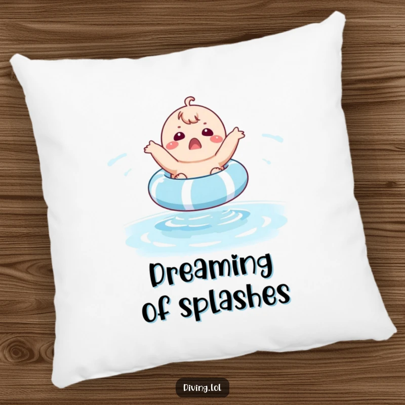Funny pillow with a plump character looking surprised while bouncing vigorously on a pool float, emphasizing its fun and unexpected nature.