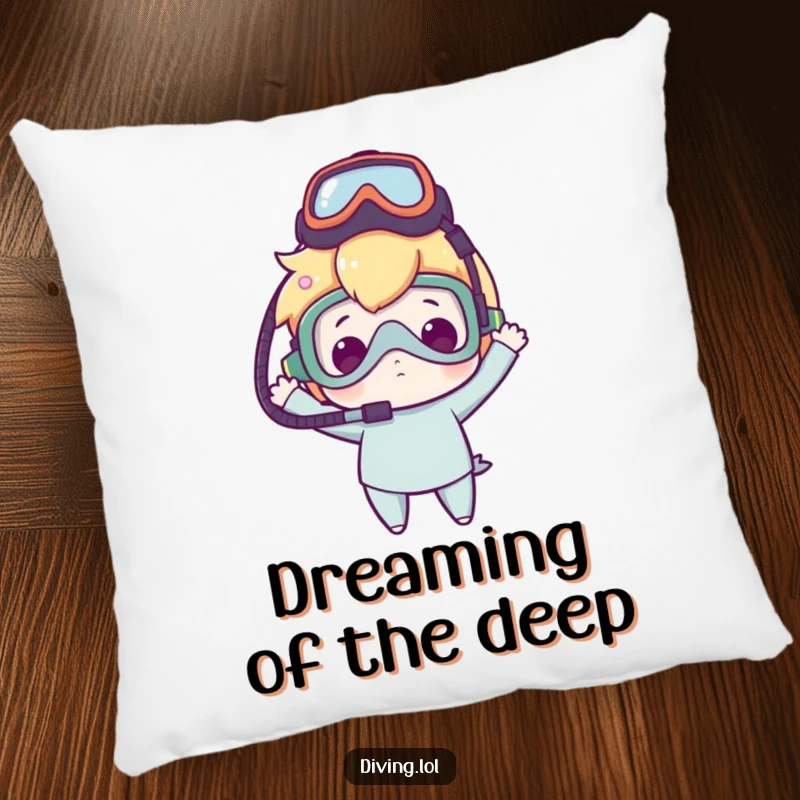 Funny pillow featuring a character hilariously balancing a dive mask on their head with clumsy delight, perfect for adding humor to a room.