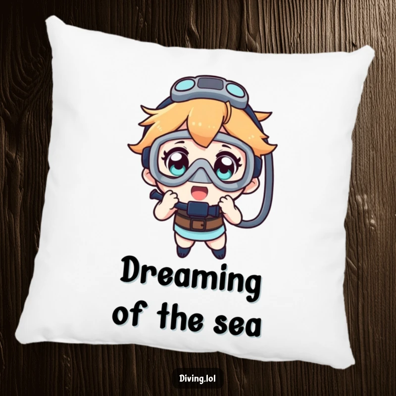 Funny pillow featuring a character captivated by a dive mask, eyes reflecting the excitement of underwater exploration.