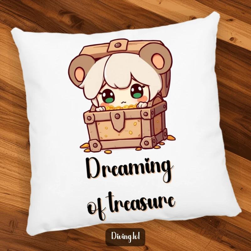 Funny pillow featuring a character discovering a treasure chest, eyes sparkling with surprise, a soft and humorous accent.