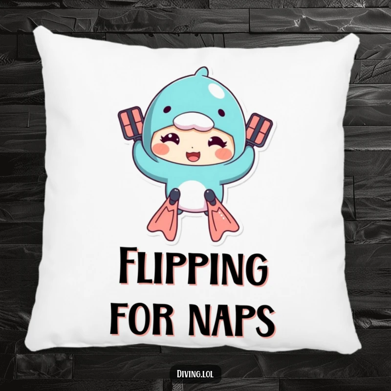 Funny pillow featuring a character comically swimming with flippers and a goofy grin, a soft and humorous accent.
