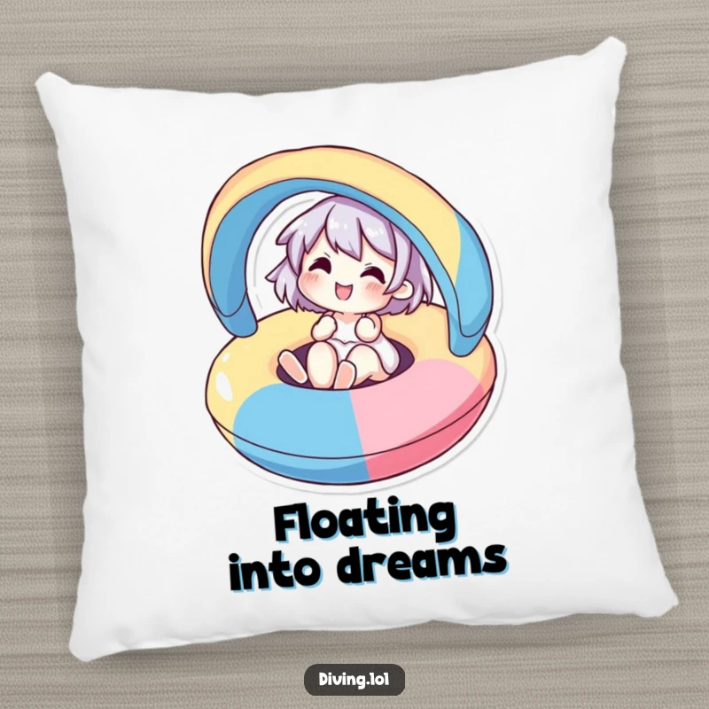 Funny pillow featuring a cute character joyfully floating on a colorful inflatable, adding a humorous and relaxing touch to decor.