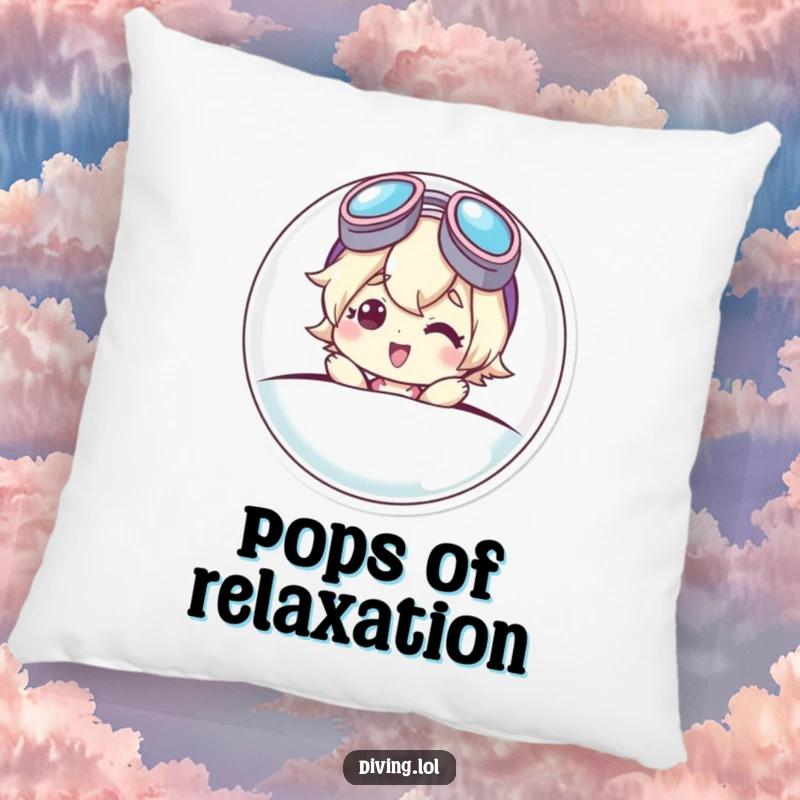 Funny pillow featuring a cute character emerging from a bubble, goggles askew, with a big smile, adding a touch of playful comfort.