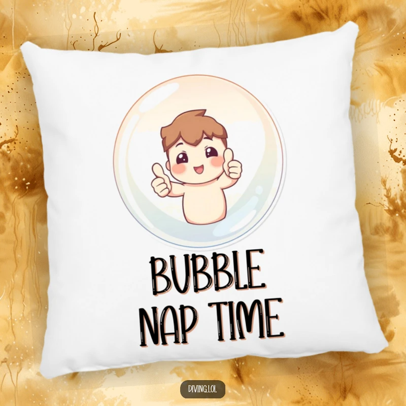 Funny pillow with a character inside a bubble giving two thumbs up, offering soft comfort and humorous encouragement.