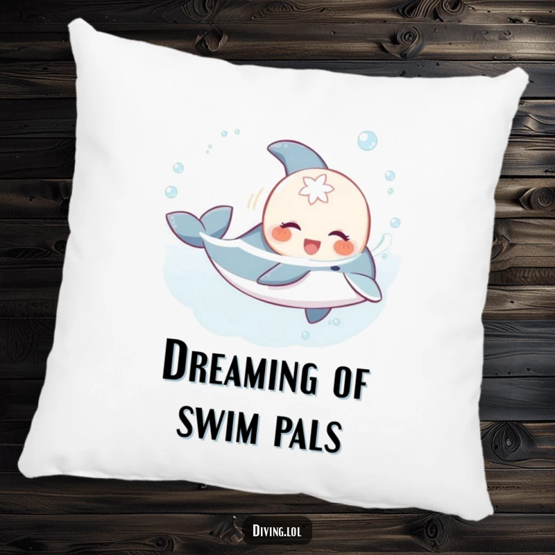 Funny sweet creature pillow, gleefully swimming with a playful dolphin, a humorous and cozy home accent.
