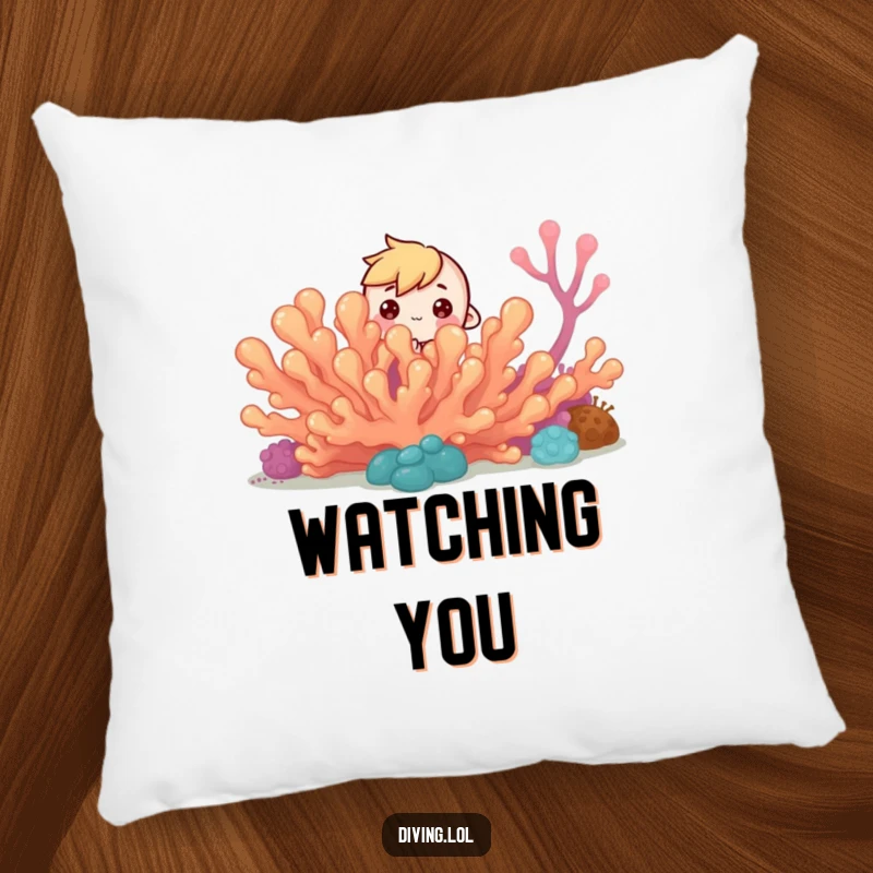 Funny Curious Reef Pillow: Tiny character peeks from behind coral reef, curious eyes, a soft and humorous cushion.