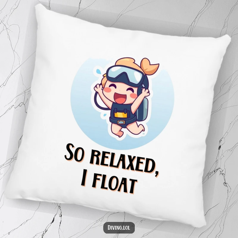 Funny Pillow featuring a character laughing gleefully while dangling from a scuba tank, perfect for adding a humorous touch.