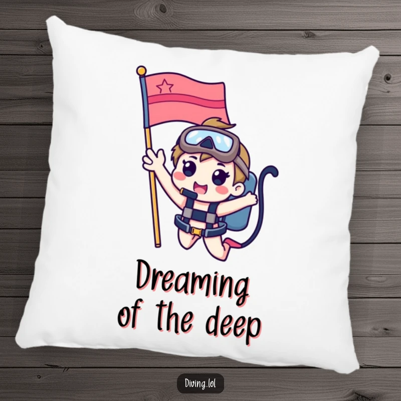 Funny pillow with a cute character waving from a dive flag, offering soft comfort and a cheerful reminder of underwater adventures.