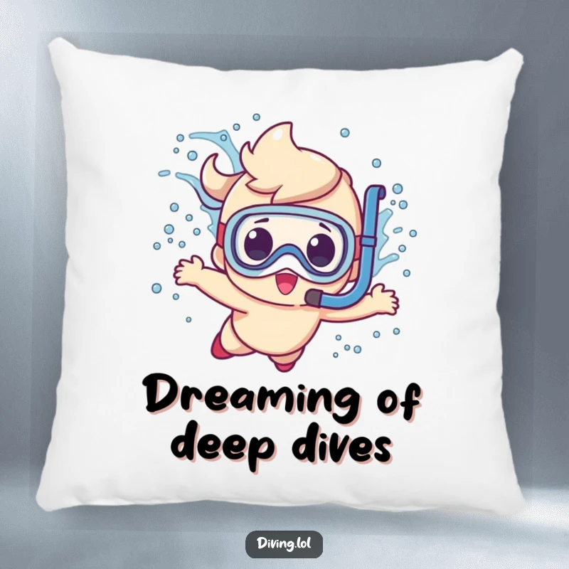 Funny cute character pillow, creating a big splash while diving with a snorkel, a humorous and cozy home accent.
