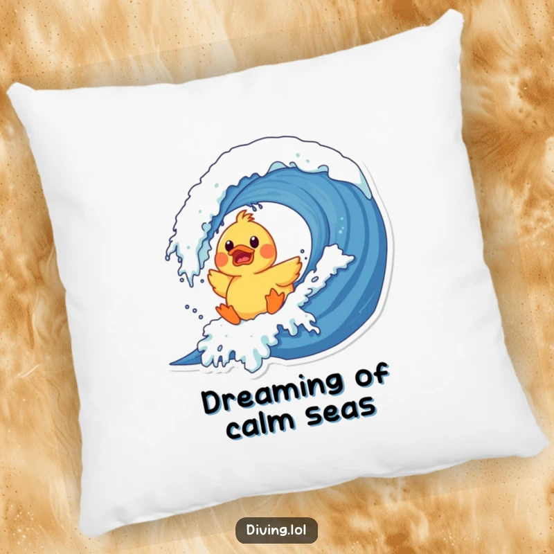 Funny duck wave pillow with a surprised rubber duck character crashing into a giant wave, a soft and humorous decorative item.