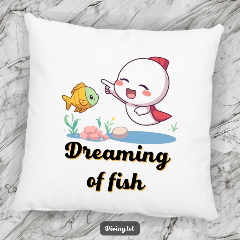 Funny fish pointer pillow showcasing an excited character pointing at a nearby swimming fish, adding a soft and humorous element to any seating area.