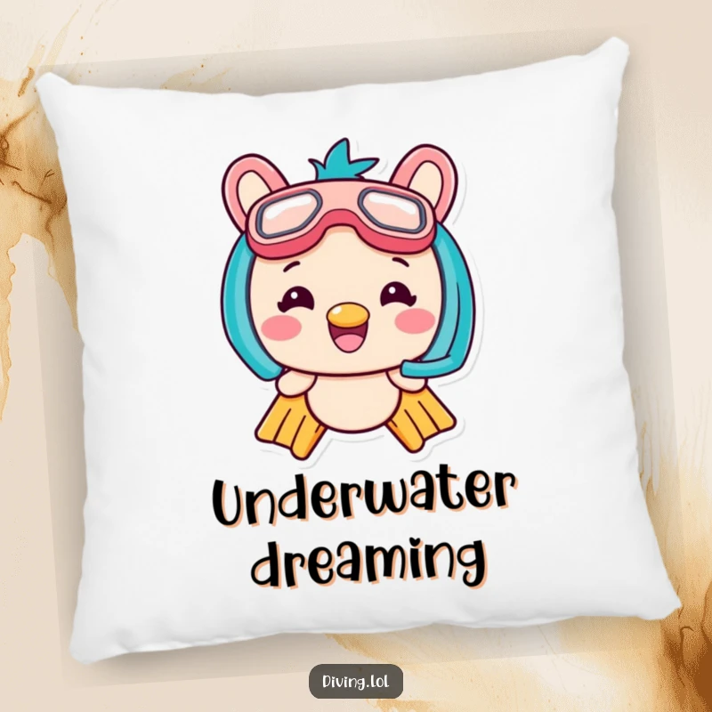 Funny Kawaii Flippers Pillow featuring a grinning character with flippers and snorkel, perfect for cozying up with underwater vibes.