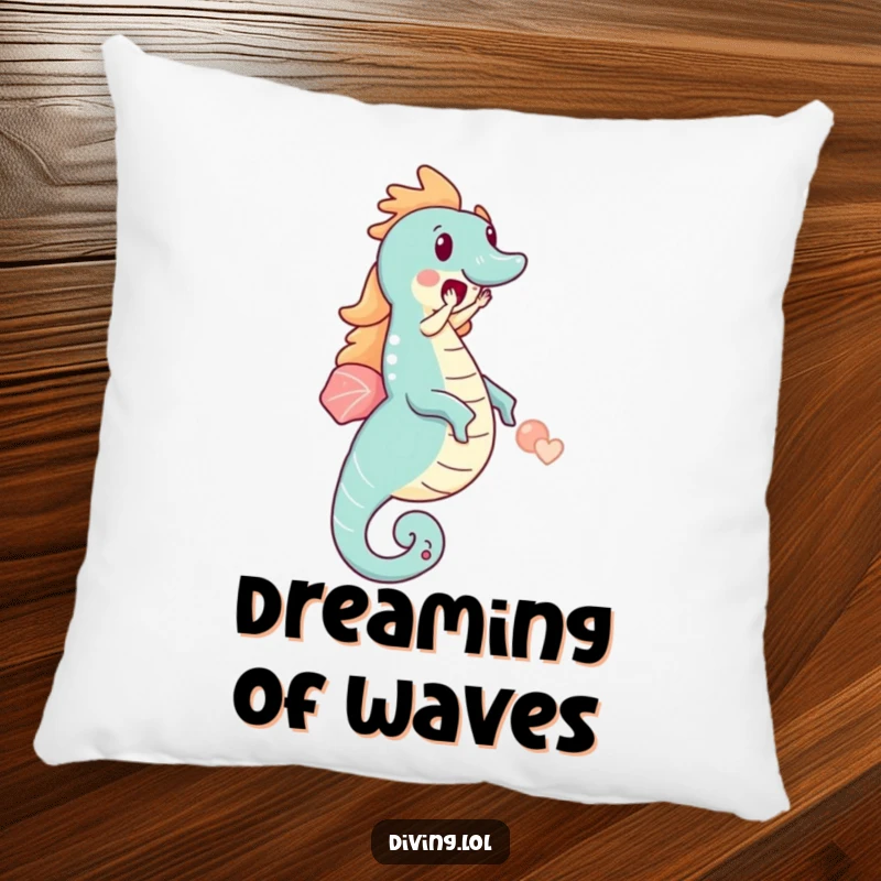 Funny pillow depicting a small character's ecstatic ride on an oversized seahorse, symbolizing pure delight and comfort.