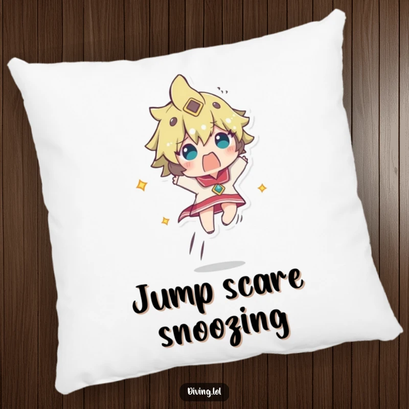 Funny pillow featuring a character ascending rapidly, looking comically startled, a soft and humorous accent.