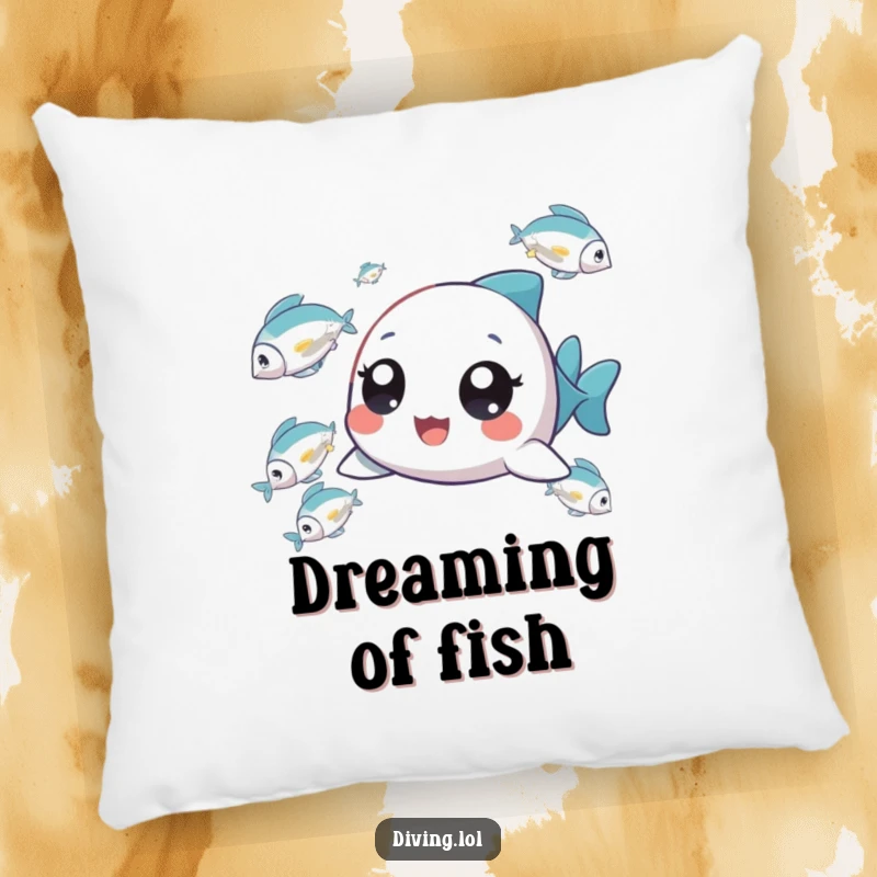 Funny Tiny Fish Chaser Pillow featuring a delighted character chasing fish, perfect for cozying up with dreams of adventure.