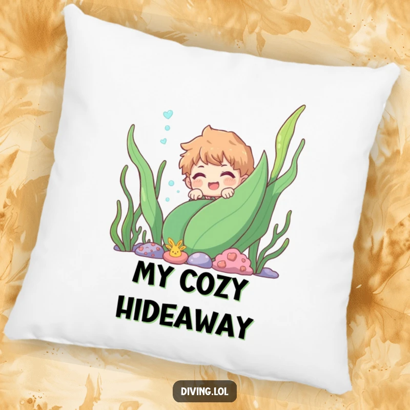 Funny character peeking from behind an underwater plant, offering plush comfort and a dose of mysterious, humorous aquatic delight.