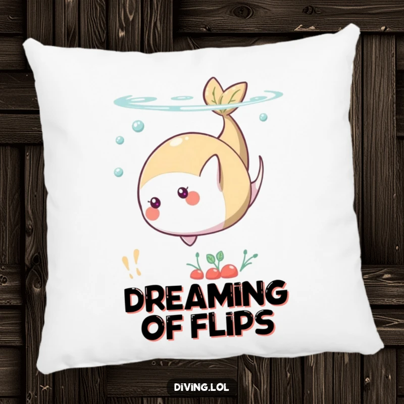 Funny pillow featuring a playful food character performing a somersault underwater, offering cozy comfort and a humorous touch.