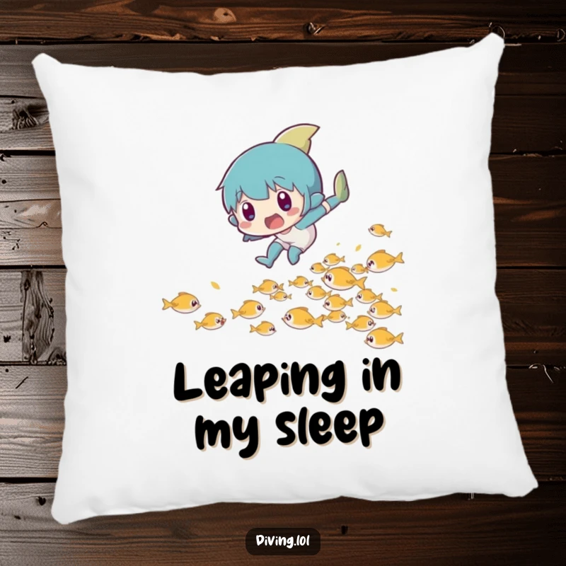 Funny pillow depicting a character in a surprised leap, playfully evading a school of tiny fish.