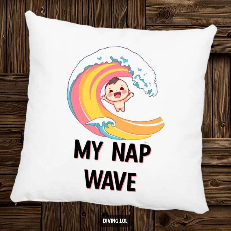 Funny pillow with a cheerful character diving into a bright wave. Soft, humorous, and perfect for adding a splash of fun.