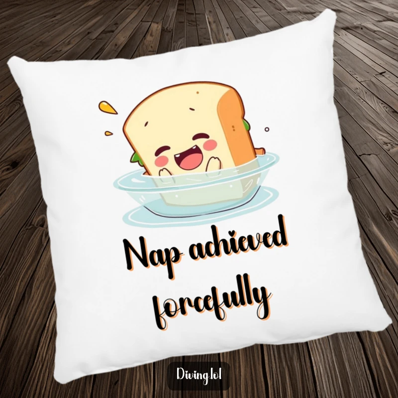 Funny pillow featuring a sandwich character performing a comical belly flop into water, offering cozy comfort and a humorous touch.