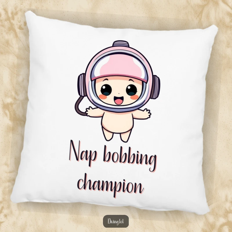 Funny diving helmet pillow showcasing a character in an oversized helmet, bobbing happily, adding a soft and humorous element to any seating area.