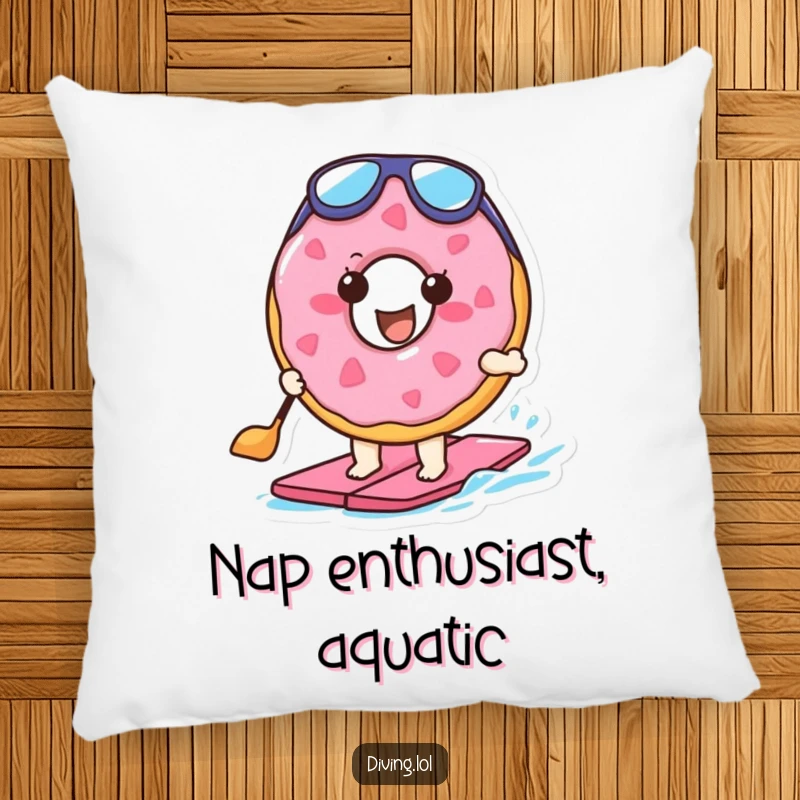 Funny pillow featuring a cheerful doughnut character equipped with flippers, paddling with enthusiasm, offering comfort and humor.
