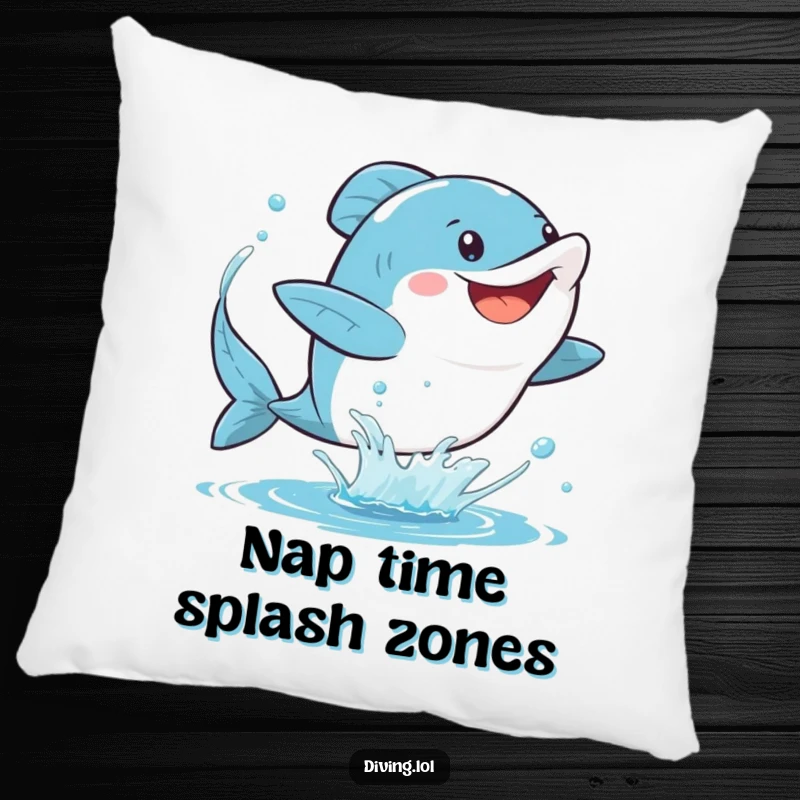 Funny fins pillow showcasing a character gleefully kicking their fins, sending a spray of water, adding a soft and humorous element to any seating area.