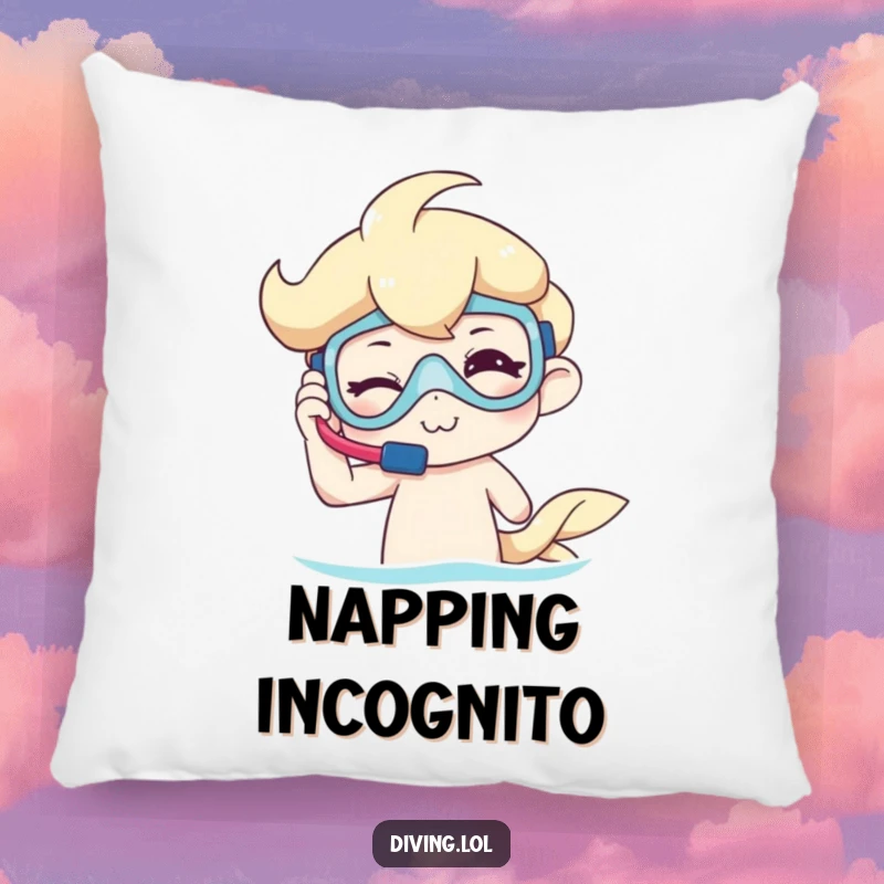 Funny Pillow depicting a winking character adjusting snorkel gear, perfect for adding a touch of ocean-themed humor to any space.
