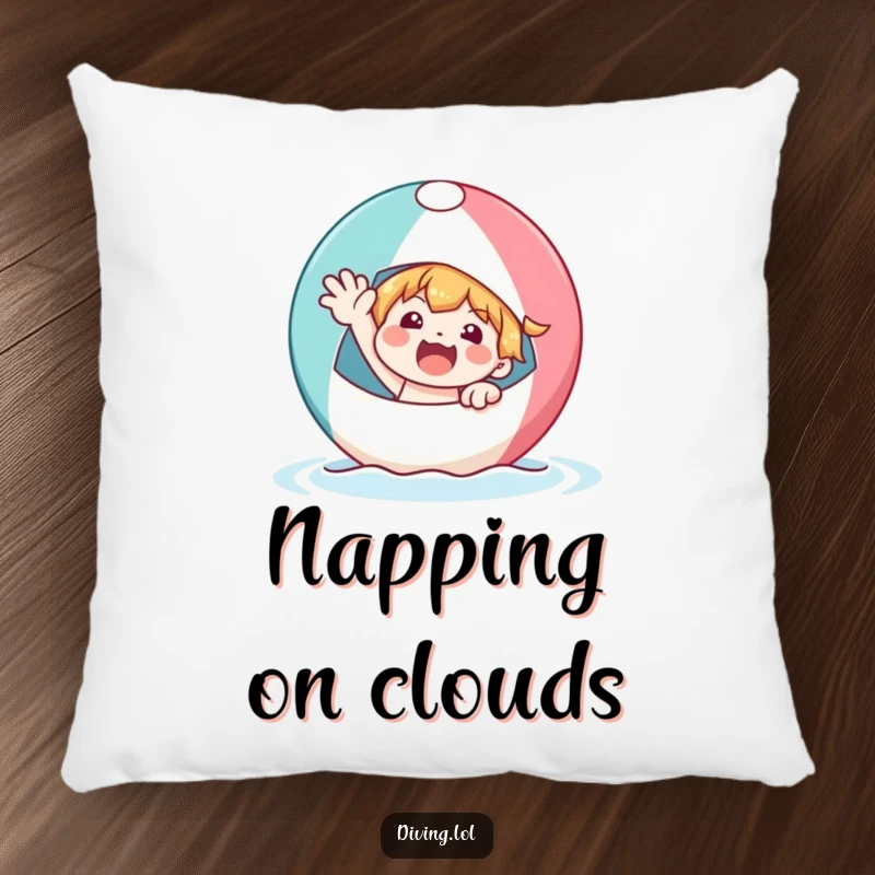 Funny character on a bobbing beach ball, waving enthusiastically, offering plush comfort and a dose of sunny, humorous vacation delight.