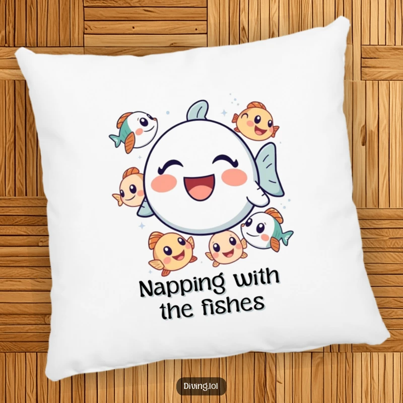 Funny bubbly icon pillow, laughing surrounded by curious fish, a humorous and cozy home accent.